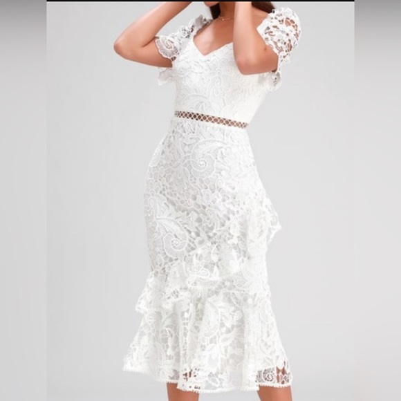 Lulu's White Sheath Dress Puff Sleeve Scoop Neck - Picture 1 of 10